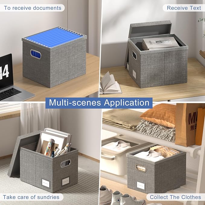 File Organizer Box - File Boxes for Hanging Files with Lid Set of 4 Decorative Hanging Folders Organizer with One-Piece Plastic Frame Slides (Grey, 13.2 * 10.1 * 10.1in(4Pack))