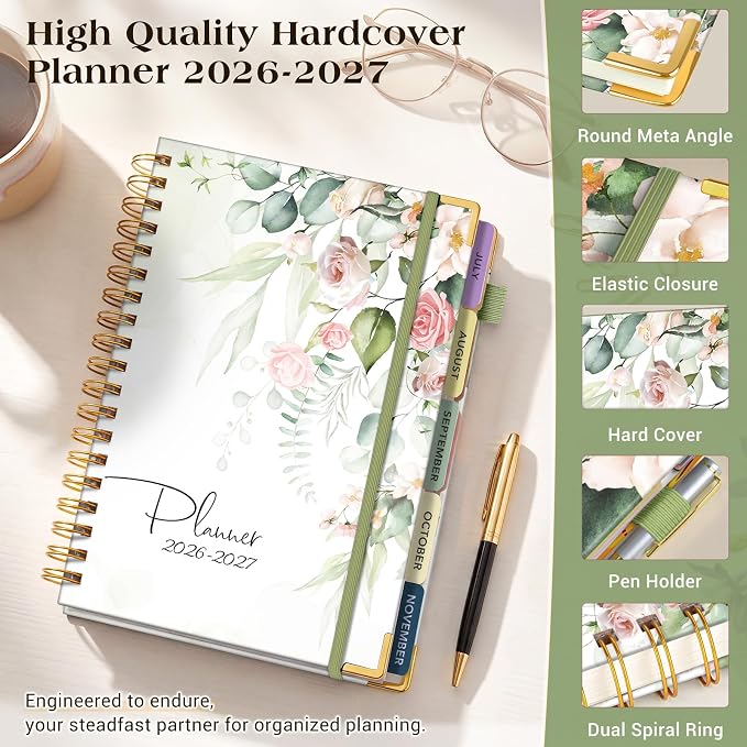 Academic Planner 2026-2027, 18 Months Weekly and Monthly Calendar Planner from July 2026 - December 2027, 7.3" x 10" B5 Large Hardcover Agenda Organizer Book with Tabs, Yearly Daily Planners for School Work Student Teacher, Eucalyptus