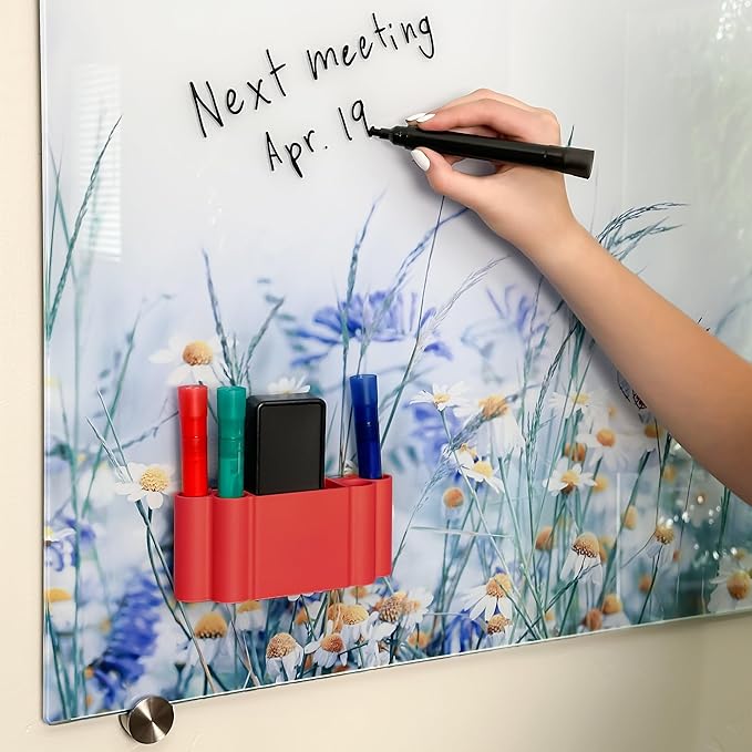 Glassboard Studio Magnetic Dry Erase Marker Holder - Super Strong for Magnetic Glass Whiteboard or Fridge - 2 Large Neodymium Magnets - No Slip Grip - Eco-Friendly PLA Plastic (Cherry Red, KIT)
