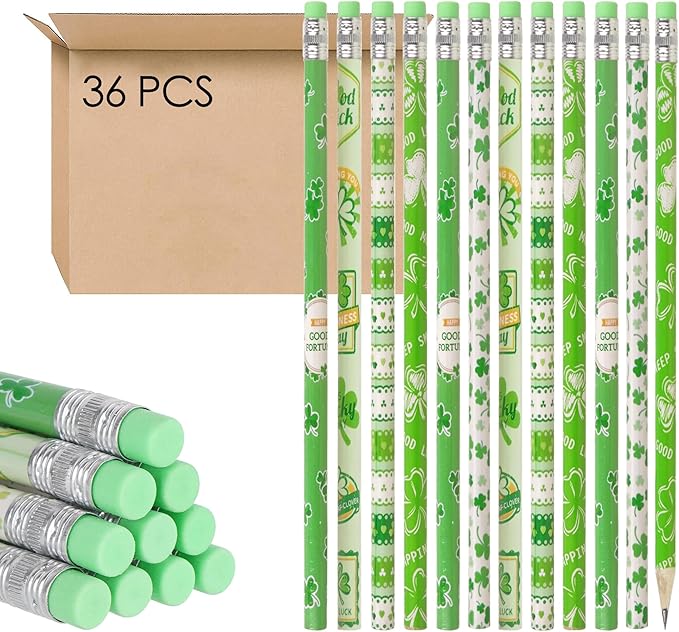 St. Patrick's Day Pencils, Green Shamrock Theme, Natural Wood HB Graphite Pencils with Eraser for Writing & Drawing, Classroom Party Favors (36 Pcs)