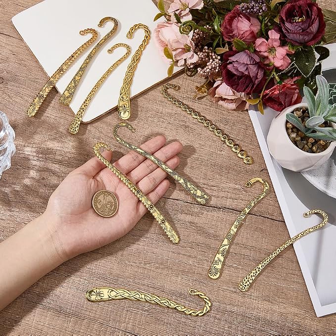 SUNNYCLUE 12Pcs 6 Styles Metal Bookmark Hairpin Hook Book Mark Alloy Vintage Antique Gold Flower Carved Bookmarks Findings with Hole Book Marker Blank for Crafts Teacher Reading Jewelry DIY Gifts