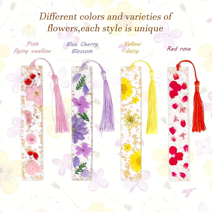 4 Pieces Dried Flower Resin Bookmark for Men Women Book Lovers, Handmade Transparent Floral Pressed Flower Book Mark Bookmarks Box Set, Ideal for Birthday Present, Teachers Appreciation