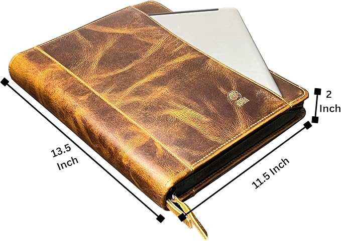 Leather Portfolio for Men - Full Grain Leather Padfolio Folder - Zipper Folio Documents Organizer - Professional Business Executive Gift for Men Women