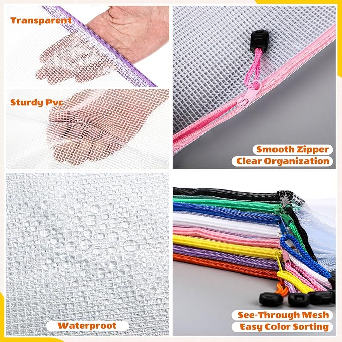 Handepo 200 Pcs Multisize Mesh Zipper Pouch Bulk 8 Sizes Plastic Zipper Bags, 8 Color Waterproof Mesh Pouch Multipurpose for Travel School Graduation Supplies Office Appliances Home Organization