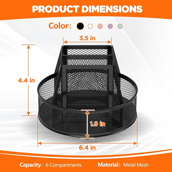 Docnest 360° Rotating Pen Holder,Heavy-Duty Metal Mesh Desk Organizer with 6 Compartments for Pencils,Scissors & Markers –Space Saving Office Supply for Teachers, Students & Home Desk-Black