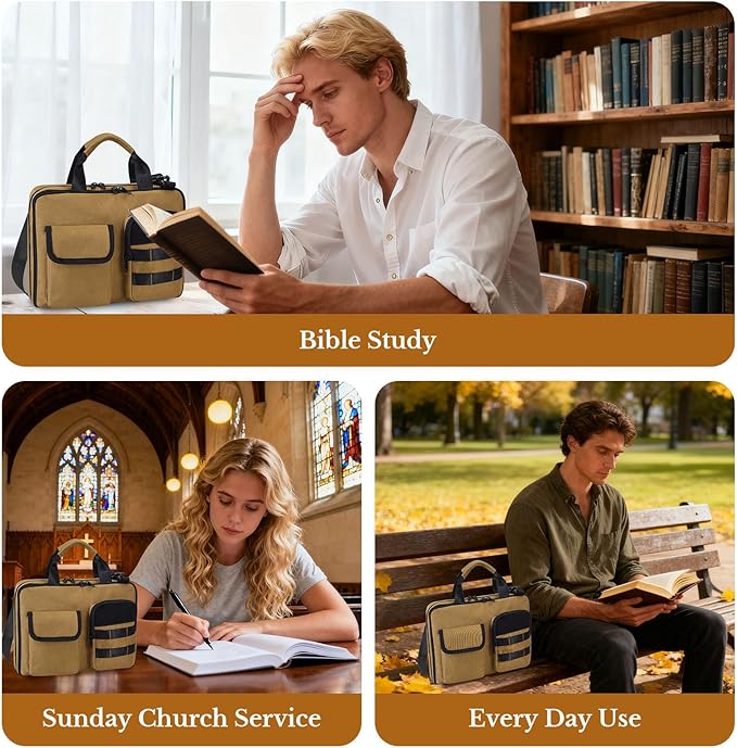 ZHIERNA Tactical Bible Cover for Men, Double Layer Large Bible Case Church Bag with Multiple Pockets, Bible Carrying Case for Women with Top Handle and Shoulder Strap