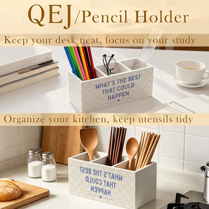 Coquette Bow Motivational Pen Holder for Desk, What's the Best That Could Happen Positive Affirmations Wooden Box Pencil Pen Organizer for Girls Room Dorm Home Office Desk Tabletop