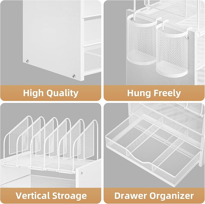 Marbrasse Desk Organizer with Drawer, 4-Tier Wooden File Organizer with 5 Vertical File Holders and 2 Pen Holders, Desk Organizers and Accessories for Home Office - White