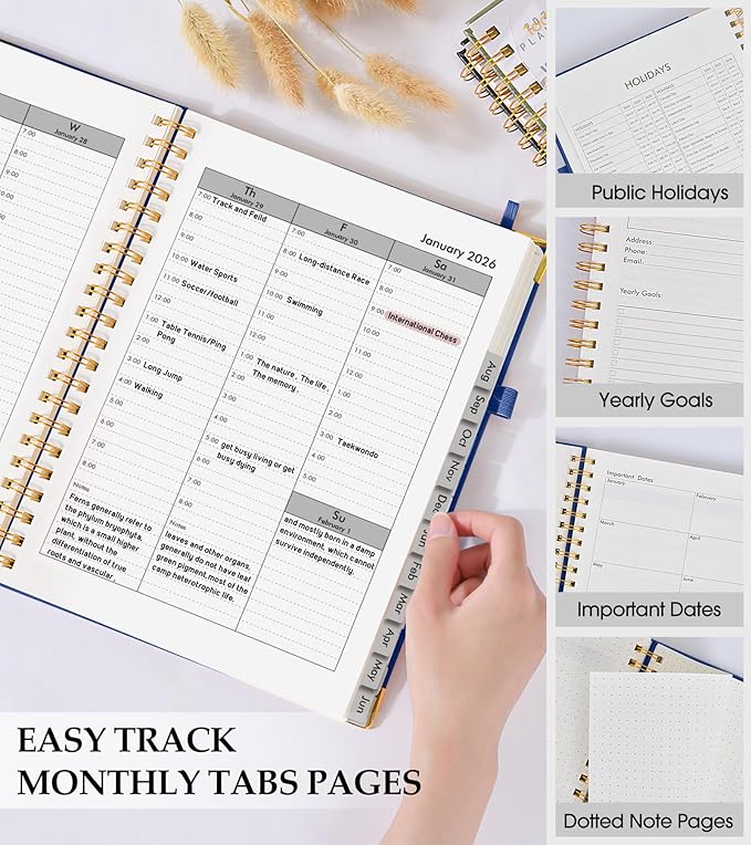 2026 Planner, Weekly and Monthly Calendar Planner from January 2026 - December 2026, 8.5" x 11" Hardcover Leather Hourly Appointment Book with Tabs, Spiral Daily Planners for College School Work Home, Navy