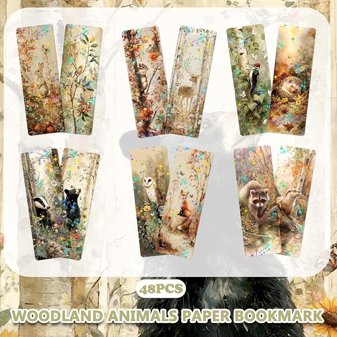 48 Pcs Woodland Animals Bookmarks, Vintage Watercolor Animals Paper Bookmark Bulk for Women Man, Forest Trees Book Mark Gift for Reading Lovers Library Accessories
