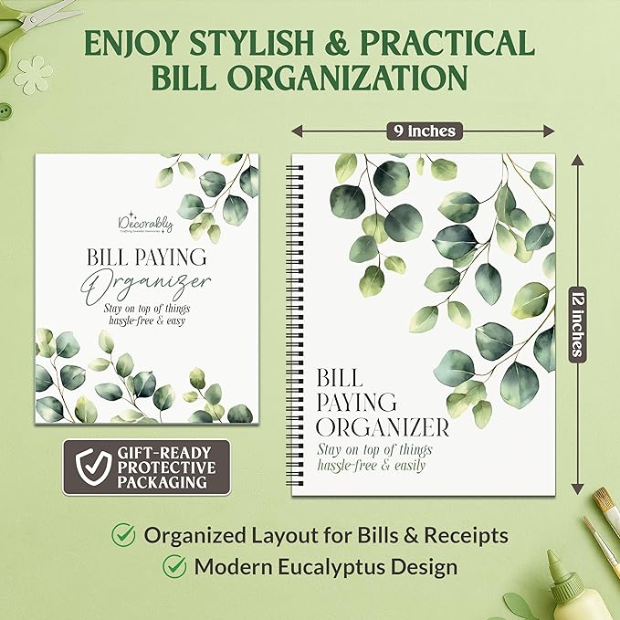 Decorably 14 Pocket Pages Undated Eucalyptus Bill Payment Tracker Monthly Organizer, 9x12in Spring-Bound, with Notes and Stickers for Listing Payments, Expenses and Receipts - Home, Work