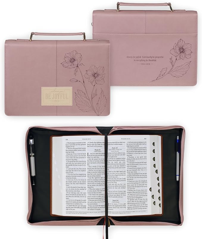 Christian Art Gifts Premium Fashion Vegan Leather Bible Cover for Women: Be Joyful Inspirational Bible Verse, Easy Carry Book Case, Dusty Mauve, Large