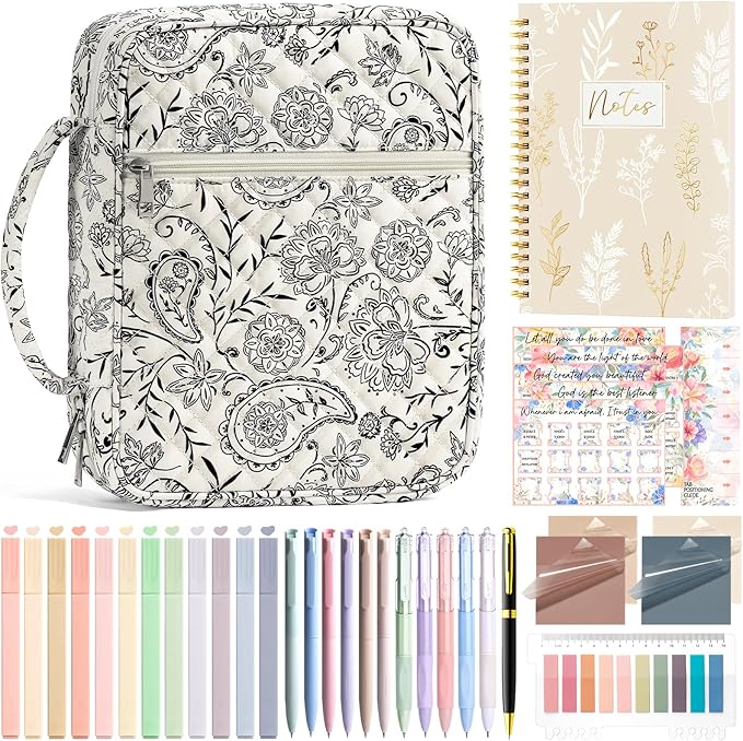 Bible Cover Case for Women Large Bible Bag, Bible Study Supplies Journaling Kit Quilted Church Bag with Handle, Puffer Book Carrying Case w/Tabs Accessories Mothers Day Christian Gifts for Women Mom