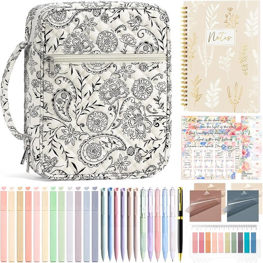 Bible Cover Case for Women Large Bible Bag, Bible Study Supplies Journaling Kit Quilted Church Bag with Handle, Puffer Book Carrying Case w/Tabs Accessories Kit Christmas Christian Gifts for Women Mom