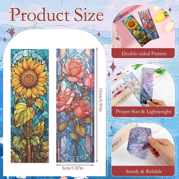 Stained Glass Flower Bookmark Gifts - Cosmisun 10 Pcs Floral Transparent PVC Bookmark Stained Glass Art Plant Book Mark Page Clips Gifts for Women Men Book Lovers Teacher Student Bookish Reader