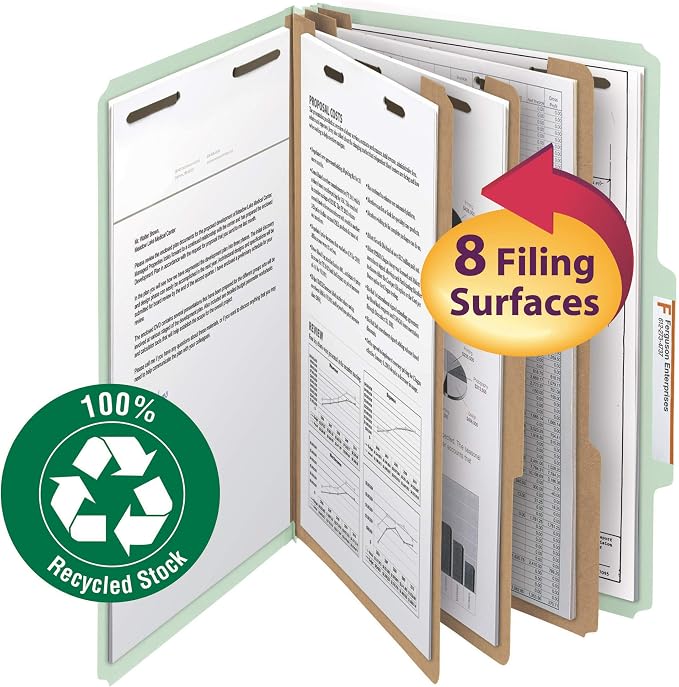 Smead 100% Recycled Pressboard Classification File Folder, 3 Dividers, 3" Expansion, Legal Size, Gray/Green, 10 per Box (19093)