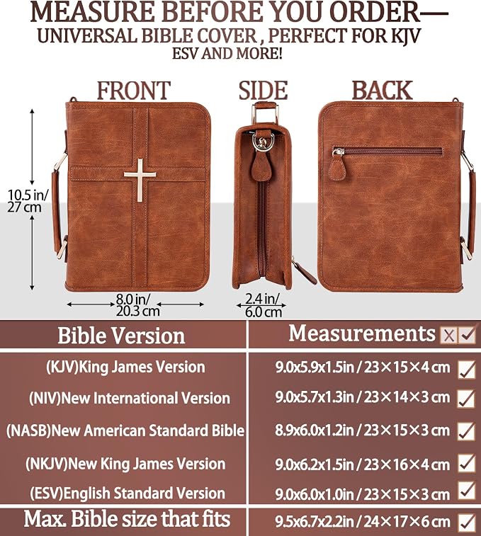 Vegan Leather Bible Cover Case, Bible Bag with Phone Pocket, Bible Case for Men Women, Christian Gift Box Packaging (Brown - with Strap)