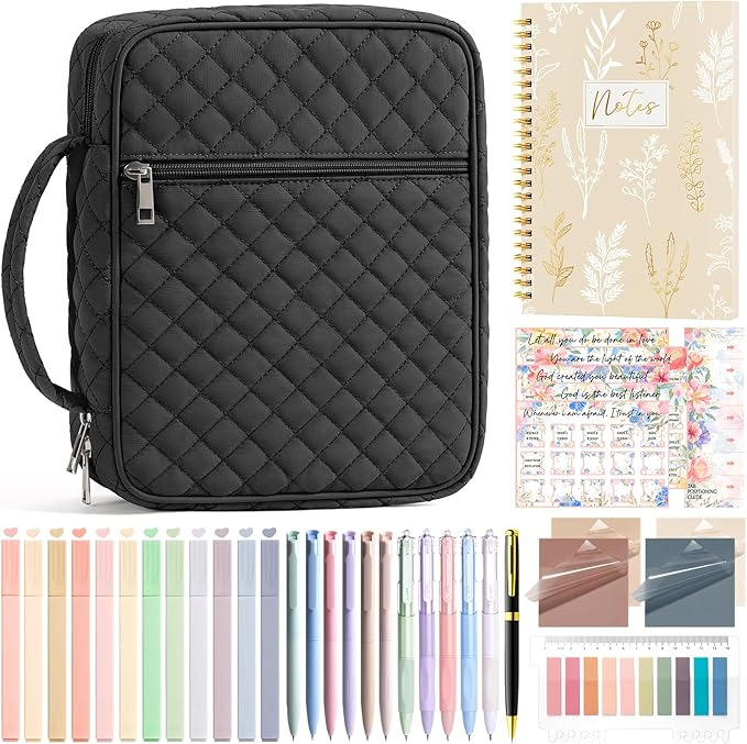 Bible Cover Case for Women Large Bible Bag, Bible Study Supplies Journaling Kit Quilted Church Bag with Handle, Puffer Book Carrying Case w/Tabs Accessories Mothers Day Christian Gifts for Women Mom