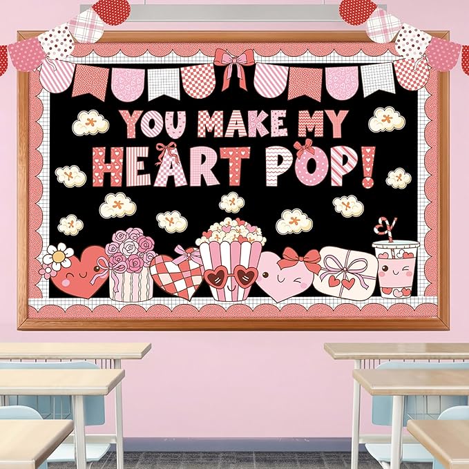 Mooliwe 100 Pcs Valentine's Day Bulletin Board Decorations Set You Make My Heart Pop Valentines Classroom Decorations Popcorn Heart Cutouts February Bulletin Board for Party Home School Wall Decor