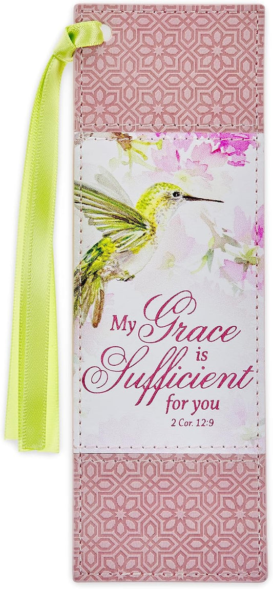 Christian Art Gifts Premium Vegan Leather Scripture Bookmark for Women: Grace is Sufficient Inspirational Bible Verse Cute Hummingbird Book Accessory, Pink Multicolor Floral & Lime Green Satin Ribbon