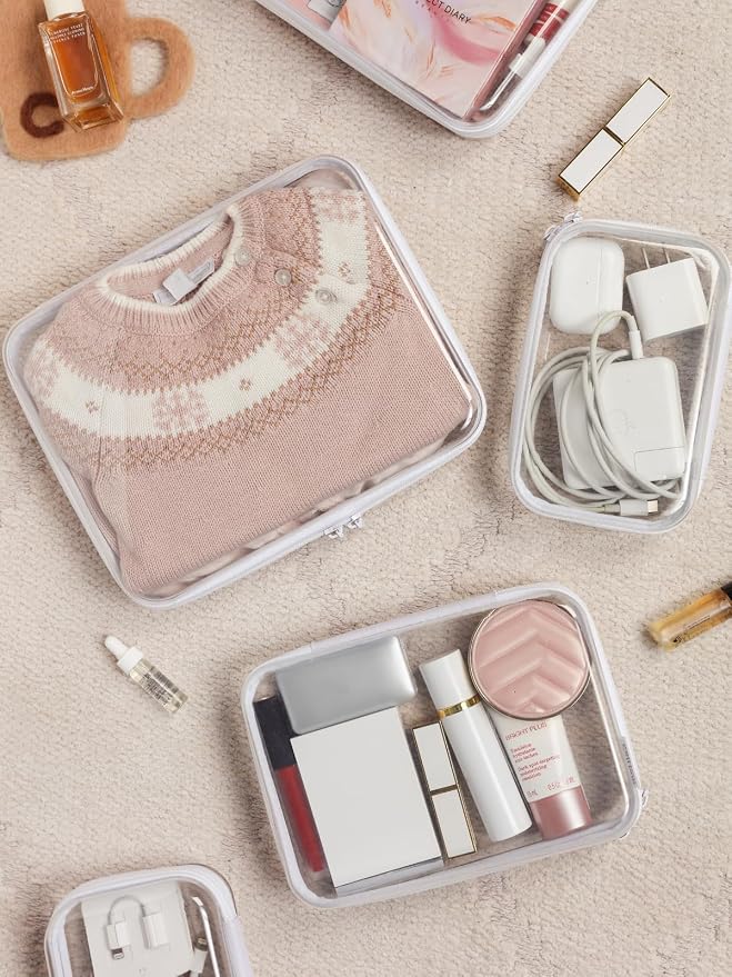 CoiiJoii 6PCS Clear Zipper Pouches, Small Christmas Item Storage Bins, Zippered Hard Pouch Double, Portable Makeup and Cosmetic Bag, Storage Organizer Bins, Hard Plastic Case, Clear Zipper Bags