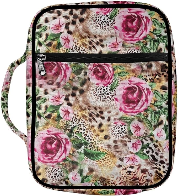 Coldinair Rose Flower Bible Cover for Men Leopard Bible Case Handbag for Women Larger Bible Bags Totes Carrying Case with Handle Travel Bible Accessories for Women, Cheetah Brown, Pink Flower