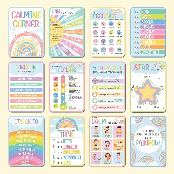 jackinthebox 12 Calming Corner Posters with Gold Foil Embedded Stars - 12 x 17 inches Laminated Classroom Decor Posters, Calm Down Corner Supplies, Emotions Charts for Kids