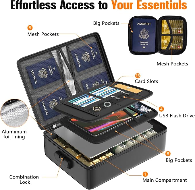 Grothery 5200°F Fireproof Document Organizer with Lock Fireproof & Waterproof File Organizer Box 8 Layer Heat Insulated Aluminum Foil Important Document Box Fire Proof Passport Travel Doc Holder Black