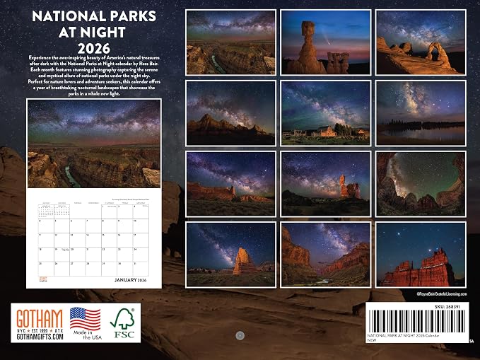 National Park Night Calendar 2026 Monthly Wall Calender 12 Month | American Made In The USA