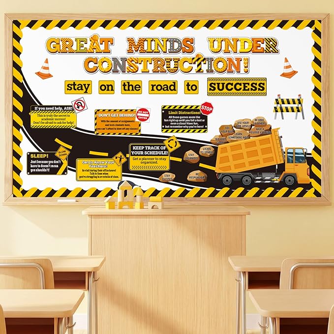 Honoson 48 Pcs Under Construction Bulletin Board Decorations Road to Success Bulletin Boards Construction Inspirational Classroom Decors for Teacher Library Classroom Chalkboard Wall Decor(Dump Truck)