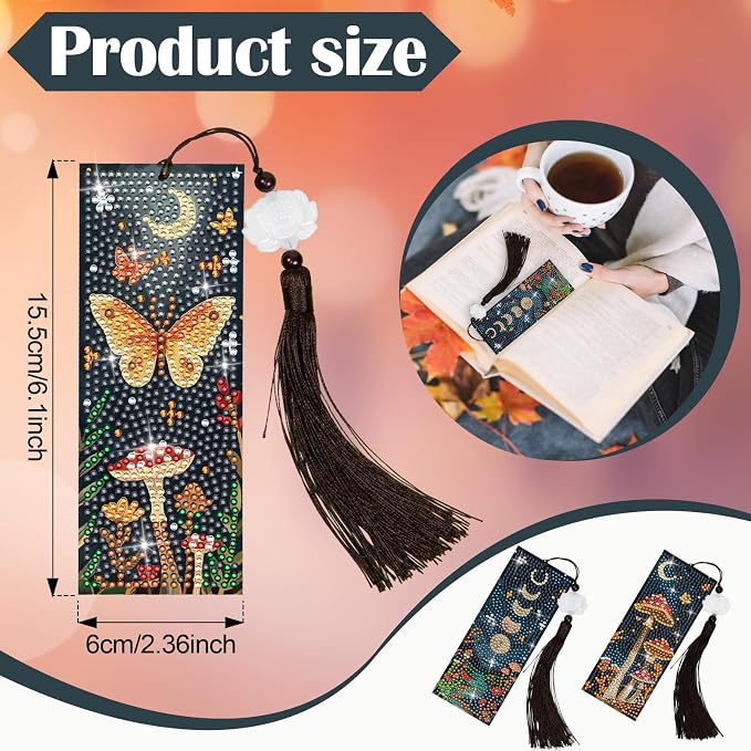 Anseal 3Pcs Mushroom Diamond Art Bookmarks DIY Leather Tassel Bookmark for Adult Christmas New Year Graduation Birthday Gifts