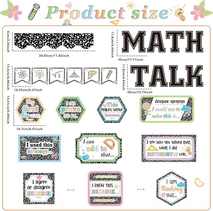 AmazingSpark Composition Notebook Math Talk Bulletin Board Set Classroom Decorations Educational Maths Paper Cutouts Back to School Bulletin Board Decor Elementary Middle School Wall Decor Supplies