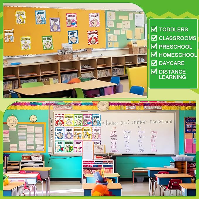 MotiMind 15 Pcs Classroom Hand Signal Cards Signal with Adhesive Tapes Decor Classroom Learning Bulletin Board Hand Signals Language Posters for Teachers Students Visual Cues(Rainbow)