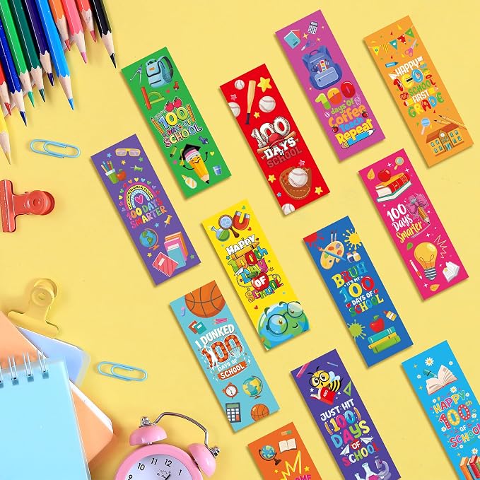 120 Pcs 100 Day of School Paper Bookmarks, 100 Items for 100 Days of School Bookmarks for Students, Playful Cartoon 100th Activities Supplies Gifts for Kids Classroom Prize Office Home Decor