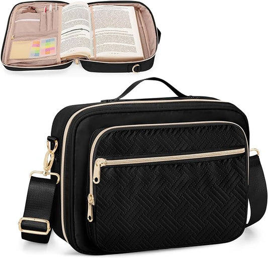 Bible Cover Case for Women, Large Bible Church Bag with Strap, Bible Carrying Case Book Protector with Handle, Black(Empty Bag Only)
