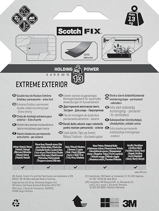Scotch-Fix Double-Sided Extreme Exterior Mounting Tape - 1 Roll (19mm x 5m) - for Outdoor Extreme Use, Weather Resistant, Permanent Tape, 100% Adhesive, 3M Advanced Technology - Holds up to 13kg