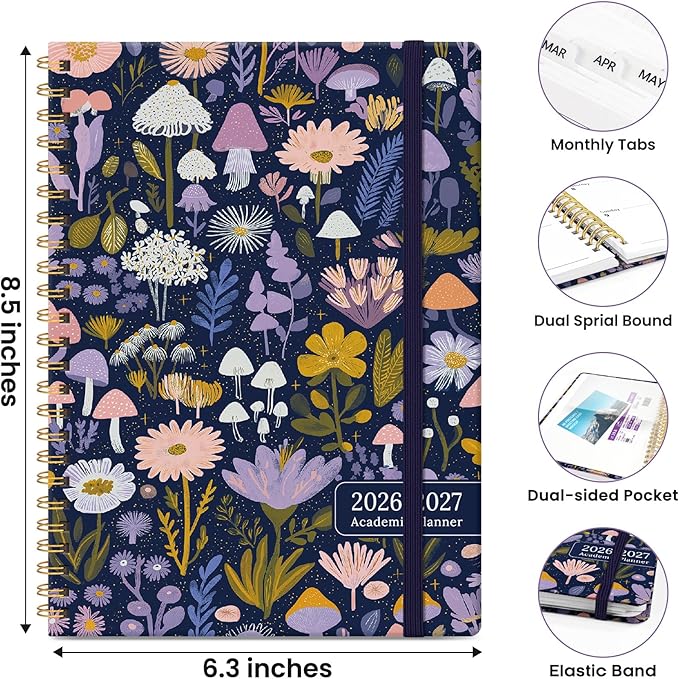 2026–2027 Academic Planner, Weekly and Monthly Planner for Women, July 2026 - June 2027, Pretty Hardcover 2026–2027 Academic Planner with Tabs, Inner Pocket, Spiral Bound, Perfect Office Home School Supplies - 6.3" x 8.5", Mushroom Garden
