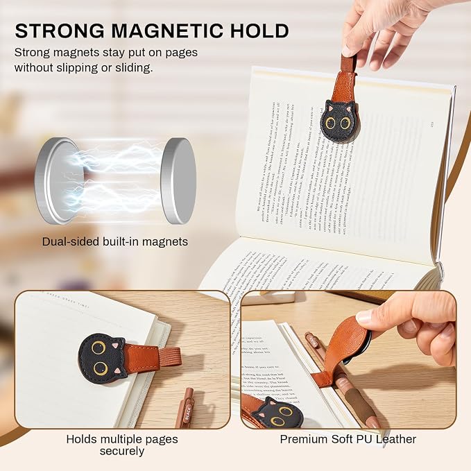 2Pcs Magnetic Bookmarks with Gift Box Magnetic Pen Holder for Notebook Cat Book Marks Clip Gift for Book Lover Readers Cute PU Leather Bookmark for Women, Cat+Paw (Brown+Black)