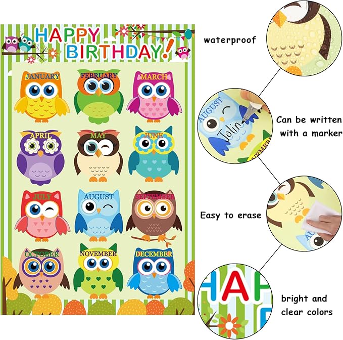 Happy Birthday Chart for Classroom, 2Pcs Birthday Poster Decoration 17’’ x 12’’ Birthday Owl Calendar Cutouts for School Bulletin Board, Chalkboards, Wall Decor