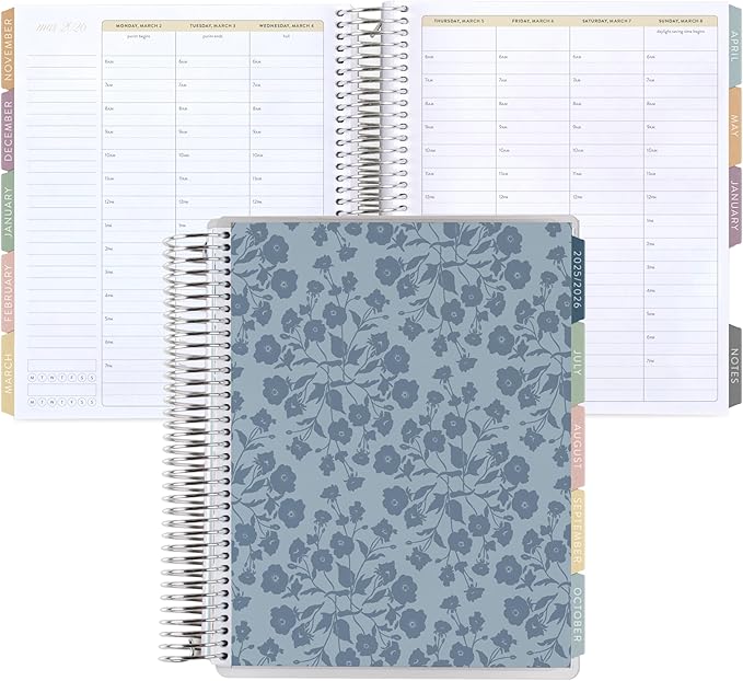 7x9 Coiled Life Planner (January 2026 - December 2026) - Bouquet Wallpaper (blue) classic cover, hourly layout, Bouquet theme, platinum coil