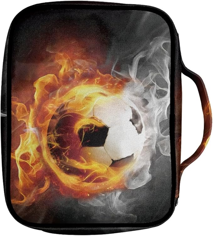 Coldinair Fire Flame Soccer Print Bible Cover Holders for Men Teens Kids Boys,Carrying Book Case Church Bag Bible Bags with Handle and Zippered Pocket