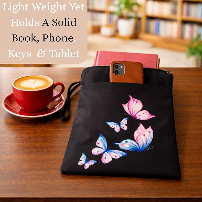 The Story Satchel Book Sleeve with Spacious Front Pocket - A Waterproof Protector Book Bag Pouch with Zipper - Perfect Book Lovers Gifts for Hardcover or Paperback (Butterfly Black)