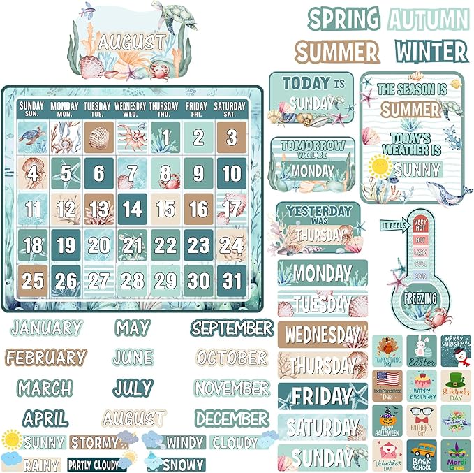 Cholemy 85 Pcs Calendar Bulletin Board Set Classroom Calendar Bulletin Board with Numbers Month Weather Classroom Decoration Wall Decor for Chalkboard Back to School Supplies (Watercolor Ocean)