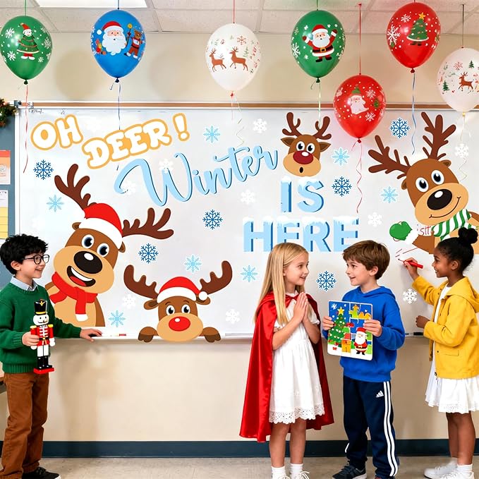 Large Cristmas Bulletin Board for Decor Oh Deer Winter is Here Reindeer Bulletin Boards Set Snowflakes Paper Cutouts Christmas Decorations for Classroom Wall Holiday School Party Supplies