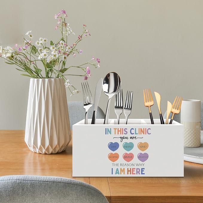 Mental Health Pen Holder, Therapy Office Pen Pencil Holder Organizer for Desk Accessories, in This Clinic You Are Safe Wooden Box Desk Decor for School Nurse Therapy Office Desk Decorations