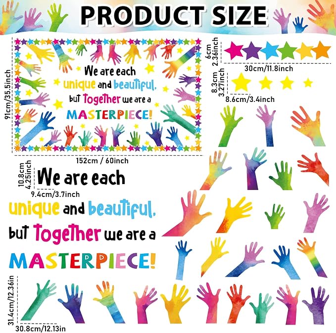 We are Each Unique Bulletin Board Set Summer Colorful Handprint Themed Classroom Decoration Back to School Bulletin Board Motivational Handprint Cutouts for Kindergarten School Chalkboard Wall Decor