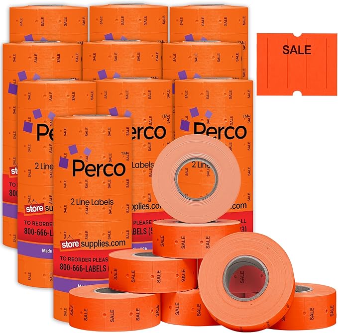 Perco 2 Line Fluorescent Red "SALE" Labels - 80 Rolls, 10 Sleeves, 80,000 Blank Price and Date Gun Labels for Perco 2 Line Price and Date Guns - Made in USA