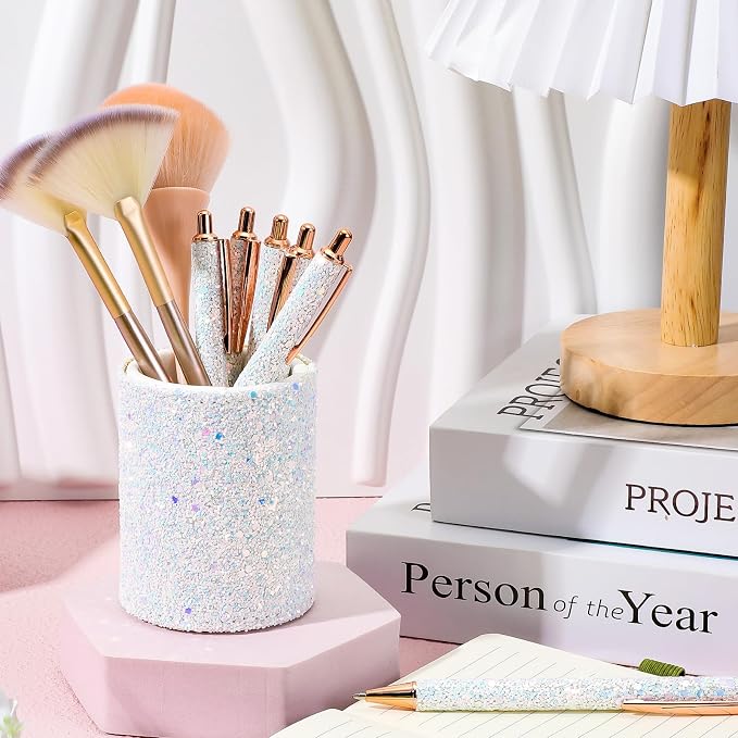 Bling Sequin Pen Holder with 6 Pcs Sequin Click Pens Cute Glitter Retractable Ballpoint Pens, Pencil Cups for Desk Organizer Makeup Brush Holder for Women Girls Classroom Offices(White)