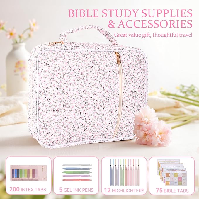 Bible Cover Case for Women Large Quilted Bible Carrying Bag with Handles Bible Study Supplies & Accessories Christian Gifts for Women(Mini Pink Flower, M)