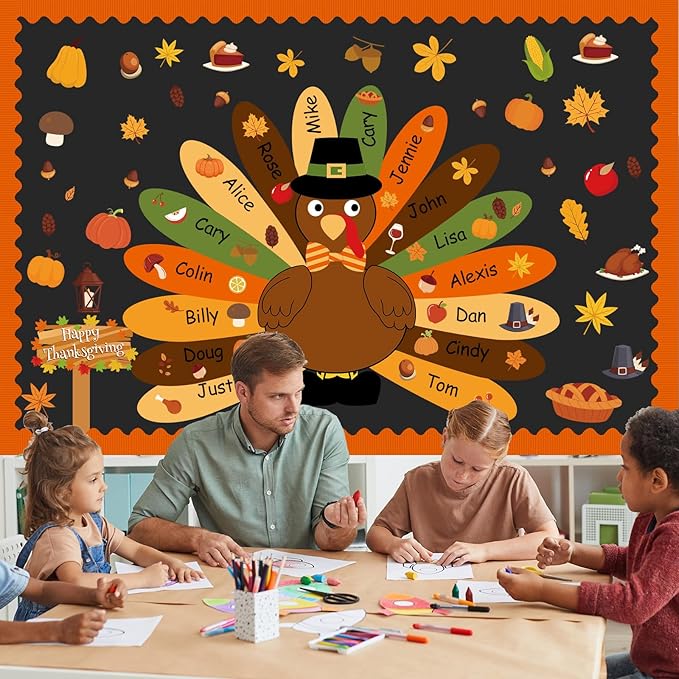 Turkey Bulletin Board Set Thanksgiving Classroom Decorations DIY Turkey Craft Fall Colorful Cutouts Name Tags for Students Boys Girls kindergarten Office Back to School Wall Decors Autumn Party Supply